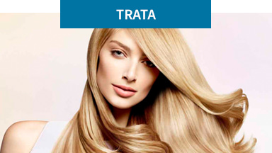 La imagen de fondo muestra a una mujer sonriendo luciendo su cabello rubio. Productos Satinique para el cuidado del cabello.